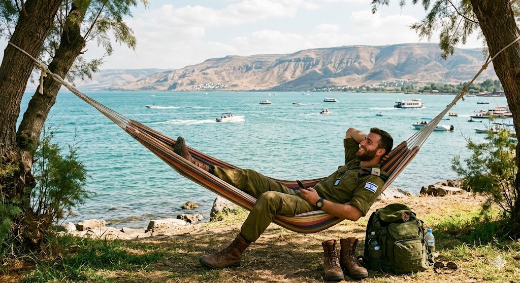 חייל מילואים נח בערסל בטבע, על רקע הכינרת והרי הגולן בטבריה